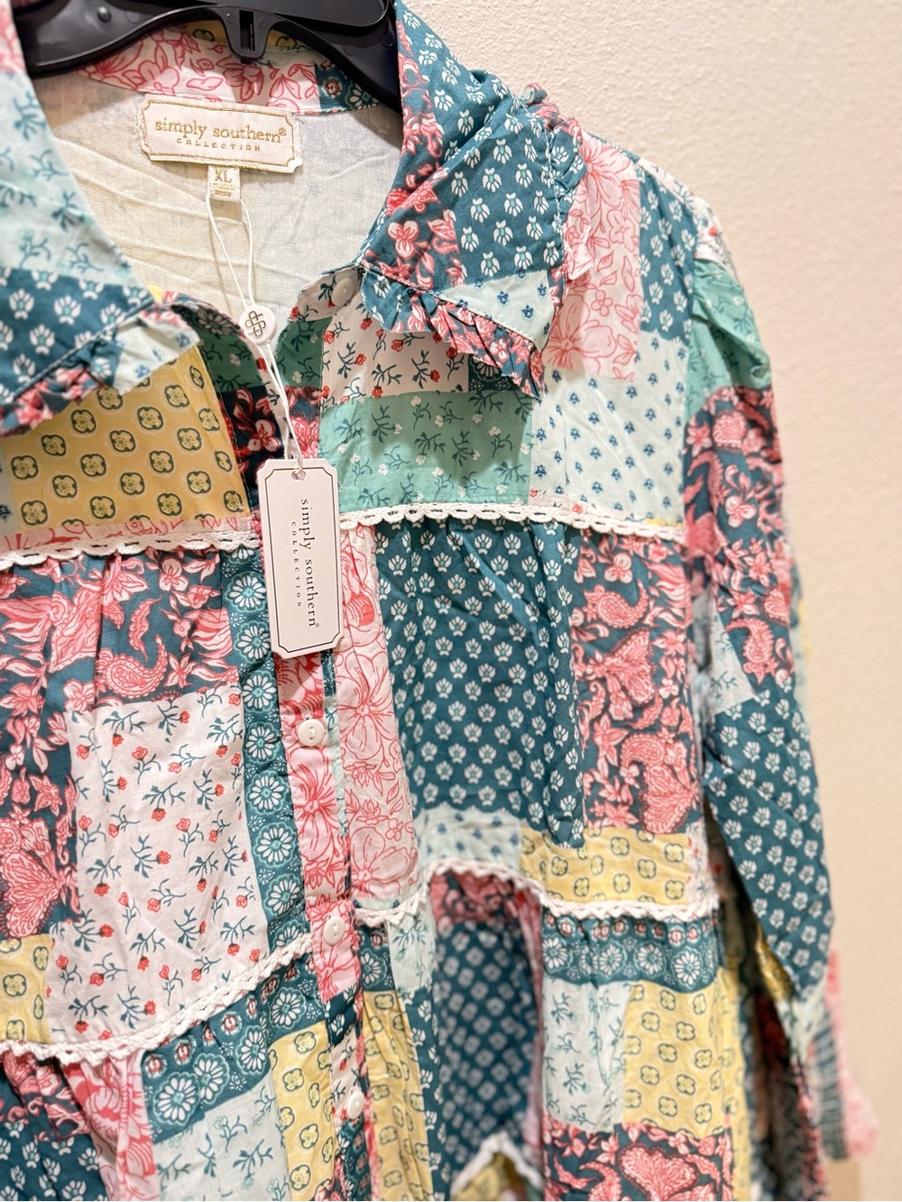 Simply southern Patchwork Ruffle Tunic in Pastel Pink, Teal & Yellow - Picture 3 of 3